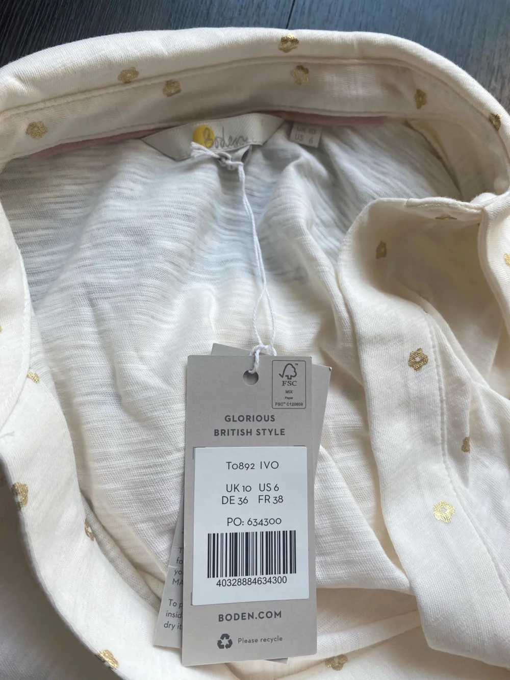 Boden 6 Collared Notch Neck Lightweight Cotton Blouse with Gold Polka Dots Med